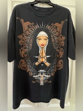 Men's Black Graphic Short Sleeve Tee - Nun Praying Design